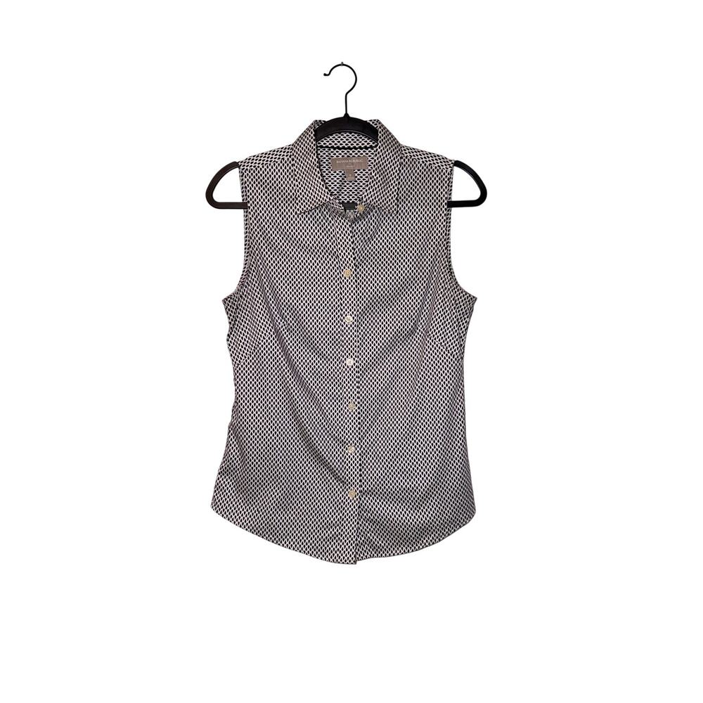 Banana Republic Women 8 Navy White Dot Non-Iron Sleeveless Button Down Shirt
